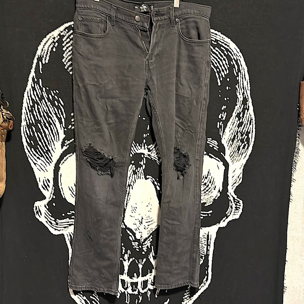 Hollister mens black tattered slim straight jeans 32 X 32
